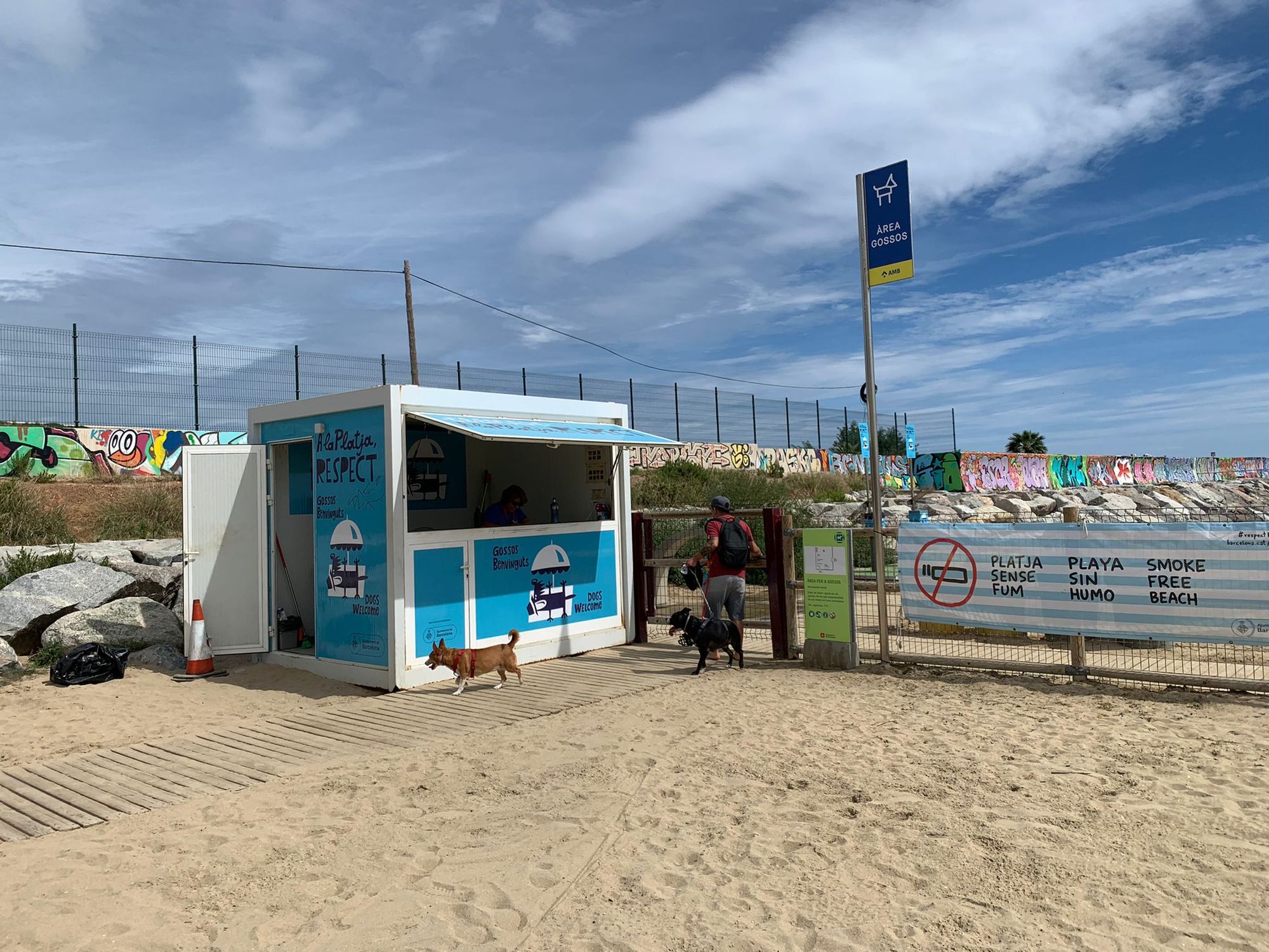 booth at the gate to the dog beach, a man and two dogs are walking out
